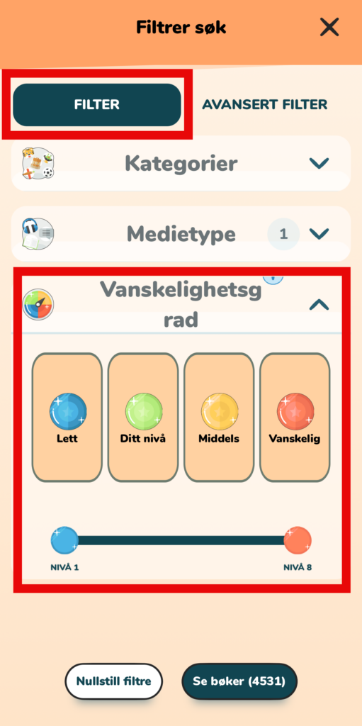 Filter og vanskelighetsgrad i Tibi junior