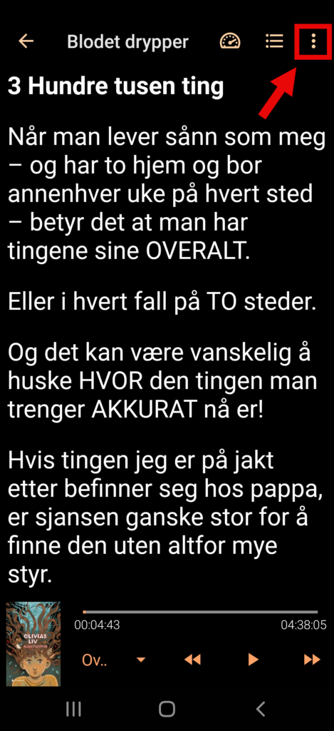 Meny i bok - tre prikker, Tibi-appen på Androidmobil