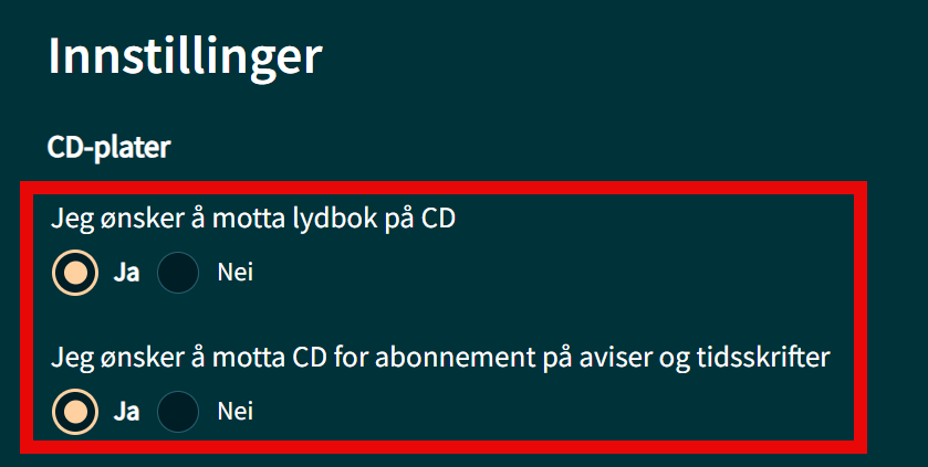 Skjermbilde av innstillinger i Min profil.