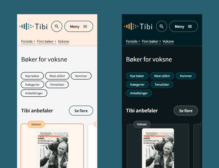 Skjermbilder som viser tibi.no i mobilversjon med lys og mørk modus