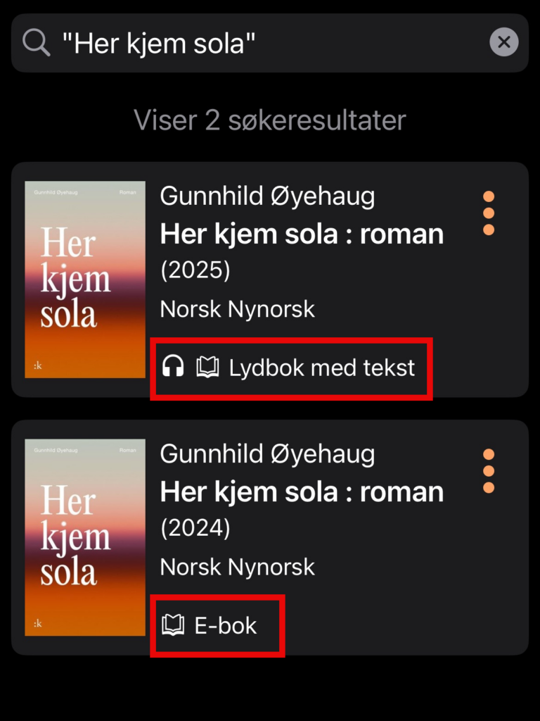 Søkeresultat i Tibi-appen: viser en lydbok med tekst og en e-bok