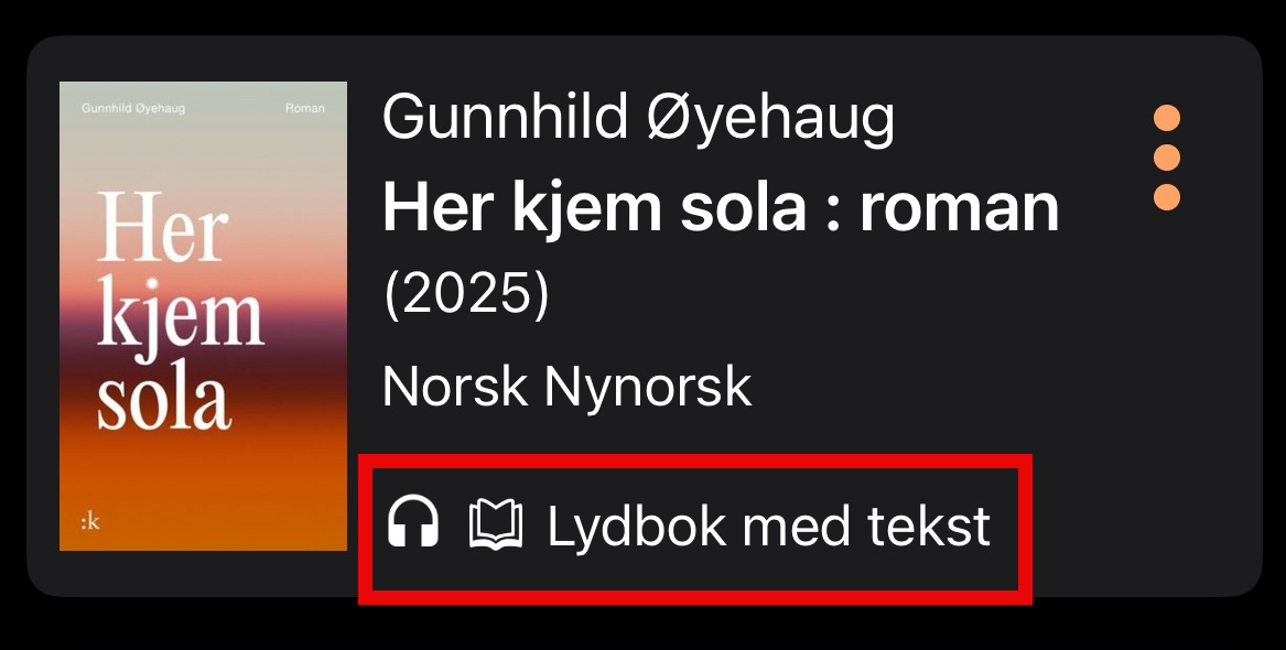 Lydbok med tekst i Tibi-appen: Markering rundt ikonene, hodetelefoner og en åpen bok.