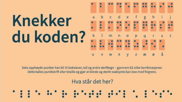 Utsnitt plakaten Knekker du koden? Med tekst og visuelt punktsriftalfabet.