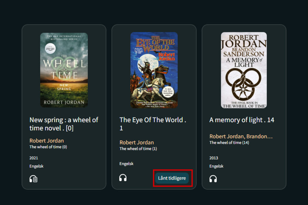 Boksøket på Tibi.no med markering av bok som er lånt tidligere.
