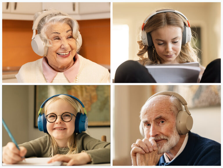 Collage med ulike lånere med hodetelefoner i ulik alder