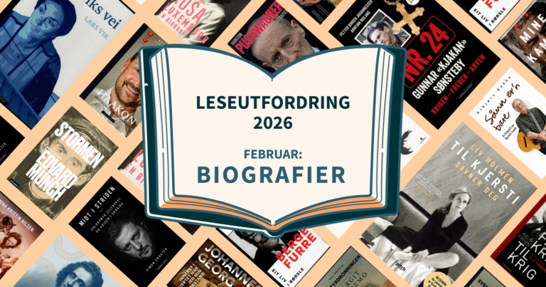 Collage av bokomslag og teksten Leseutfordring 2026. Februar: Biografier