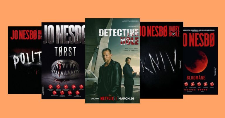 Kollasj av omslagsbilder fra Harry Hole-bøkene og bilde fra Netflix-serien.