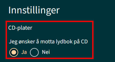 CD-plater: Jeg ønsker å motta lydbok på CD. Skjermbilde