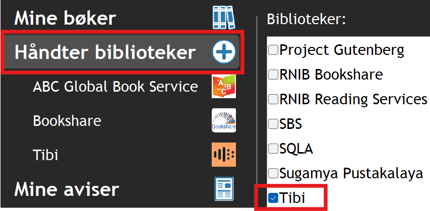 Avkrysning for Tibi i "Håndter biblioteker". Skjermbilde.