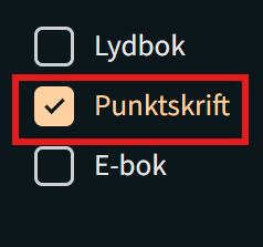 Filtrering på punktskrift. Skjermbilde.