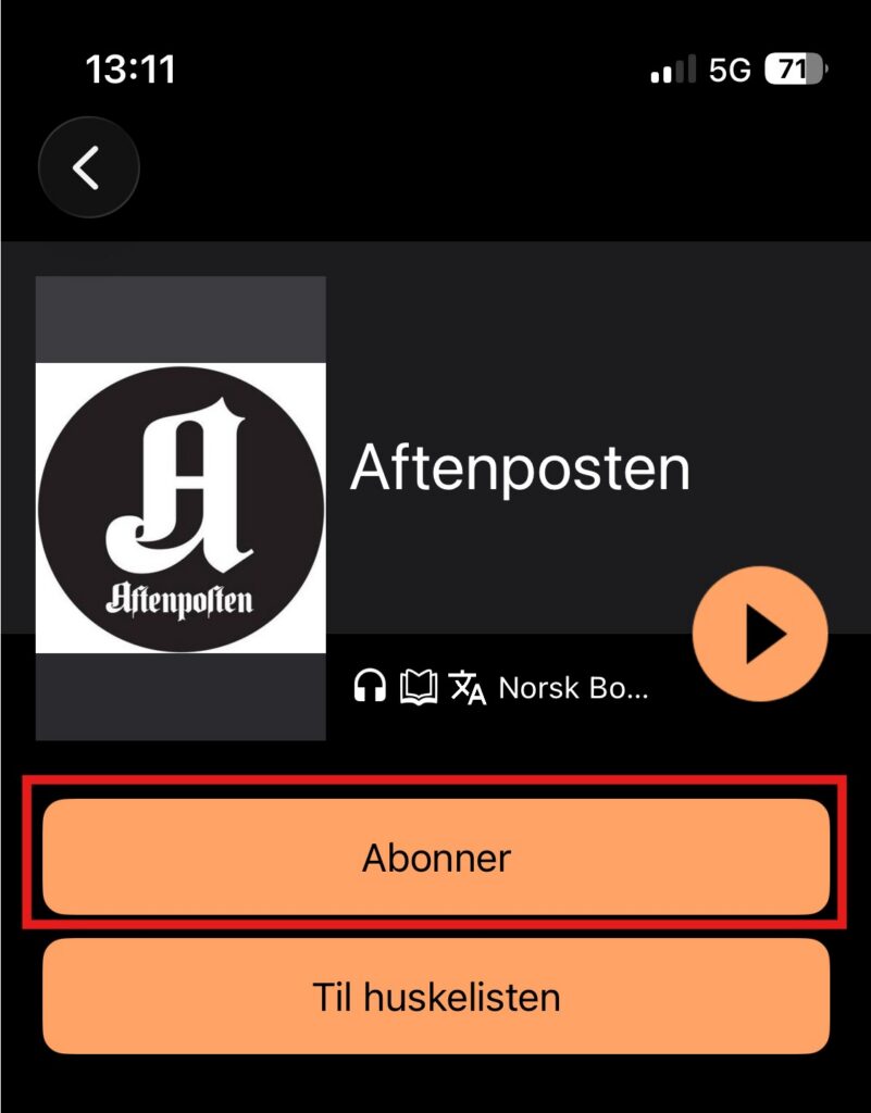 Knapp for å opprette abonnement. Skjermbilde.