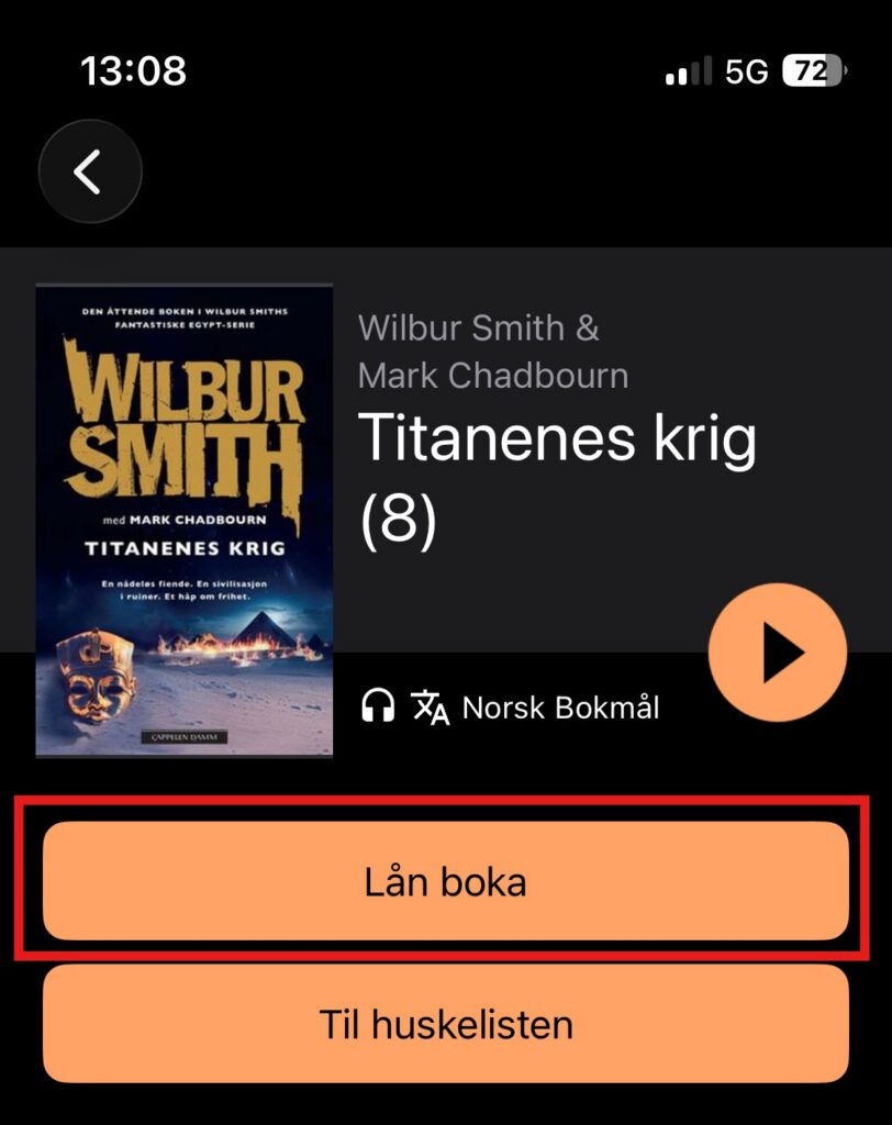 Knapp for å låne bok. Skjermbilde.