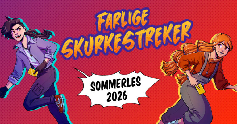 Asbjørn og Astrid som tegneseriefigurer. Tekst: Farlige skurkestreker - Sommerles 2026