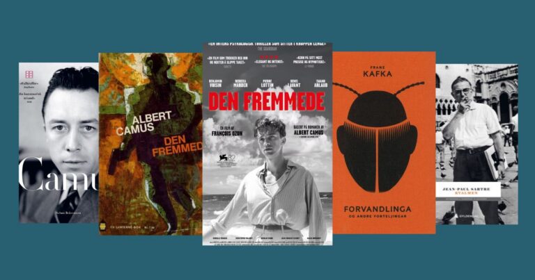 Kollasj av bokomslag og filmplakaten til Den fremmede