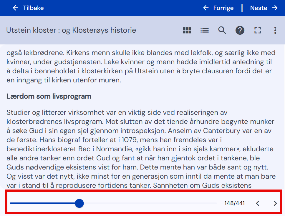 Digital tekst i en bok og navigasjon. Skjermdump.
