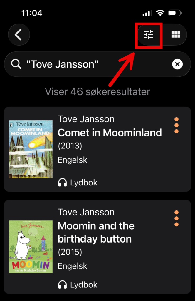 Ikon for søkefilter. Skjermbilde Tibi-appen.