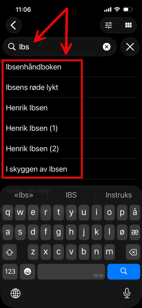 Søk i Tibi-appen. Markering rundt søkeord og søkeforslag. Skjermbilde.